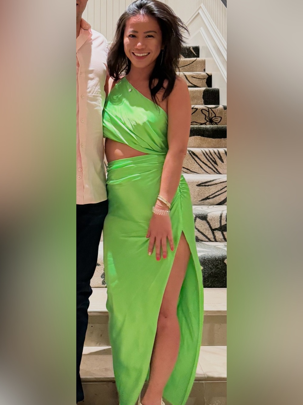 Asymmetric Cutout Satin Dress in Lime Green